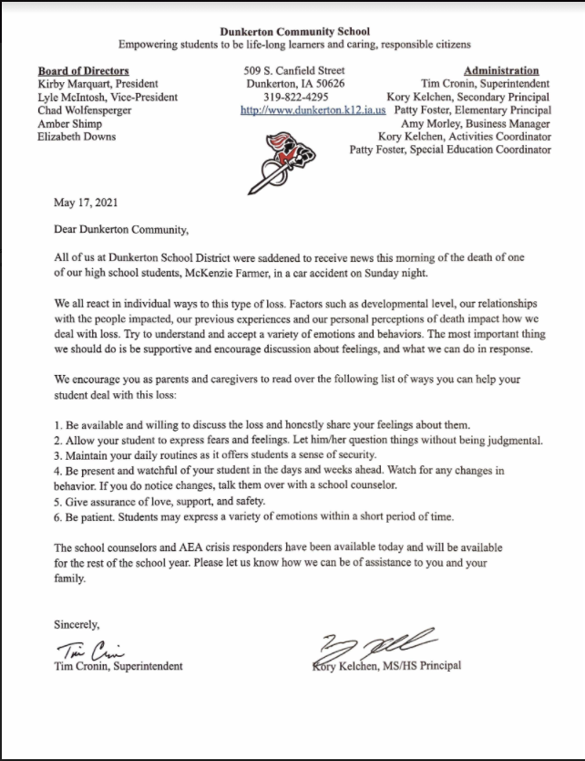 Dunkerton Community School District Letter to Community Regarding a