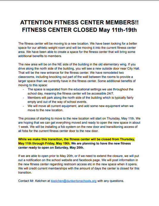 Dunkerton Community School District Fitness Center Closed May 11th19th